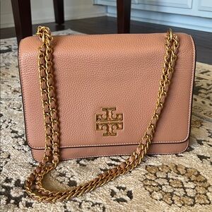 Tory Burch Sumac Britten Small Pink Leather Shoulder or Corssbody Gold Chain